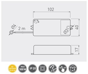 PTO kosketuskytkin, 230V, max.500W (ruuvilla), 2m kaapeli AE-WBEZDK15-10 hinta ja tiedot | GTV Valaistus ja sähkölaitteet | hobbyhall.fi