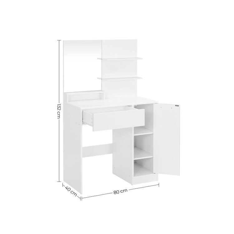 Kosmetiikkapöytä, jossa hyllyt ja laatikko, valkoinen hinta ja tiedot | Peilipöydät | hobbyhall.fi