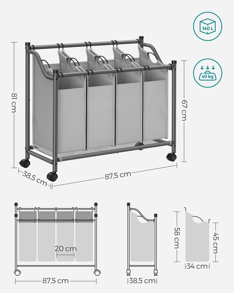 Pyykkikori pyörillä, harmaa, 4 x 35 L hinta ja tiedot | Kylpyhuoneen sisustus | hobbyhall.fi