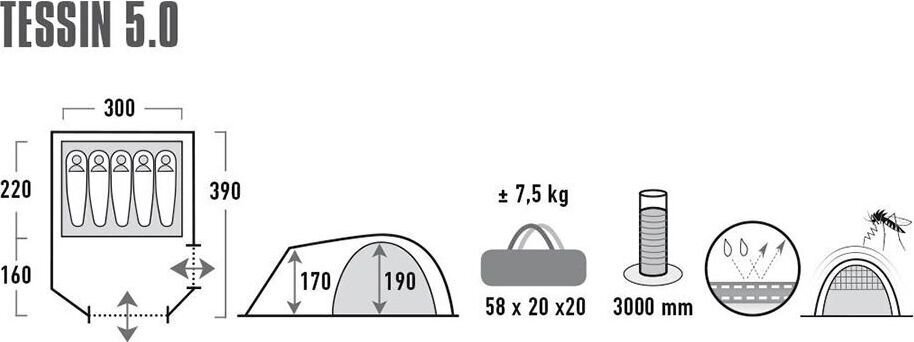 Teltta High Peak Tessin 5, vaaleanharmaa hinta ja tiedot | Teltat | hobbyhall.fi
