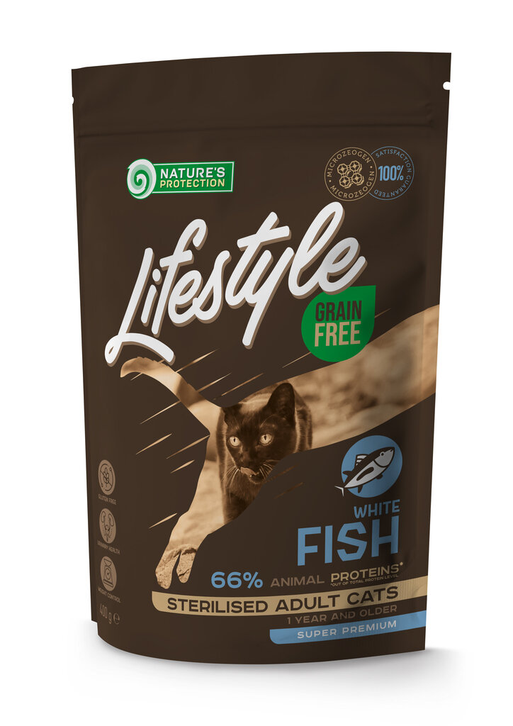 Kuivaruoka kissoille Nature's Protection Lifestyle Grain Free White Fish Sterilised Adult Cat, 0,4 kg hinta ja tiedot | Kissan kuivaruoka | hobbyhall.fi