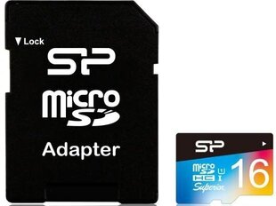 Silicon Power muistikortti microSDHC 16GB Superior UHS-I U1 + sovitin hinta ja tiedot | Kameran muistikortit | hobbyhall.fi