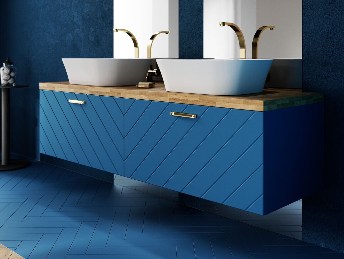 Besco Floo 120 -kylpyhuonekaappi tammityötasolla, sininen/kultainen hinta ja tiedot | Kylpyhuonekaapit | hobbyhall.fi