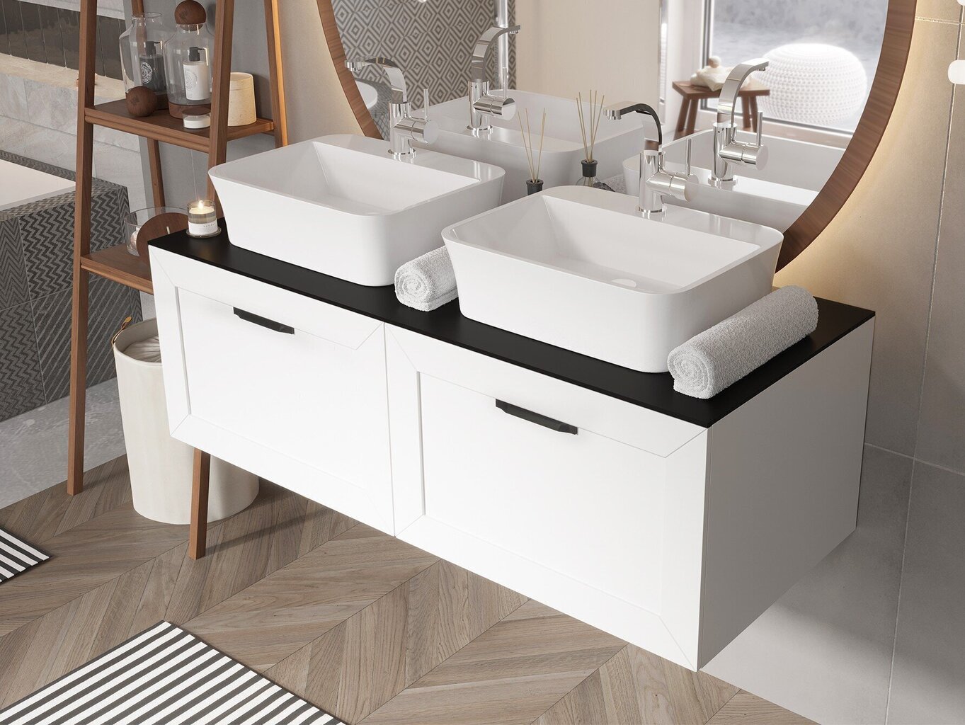 Kaksinkertainen kylpyhuonekaappi Besco Dexa 120 ohuella mustalla työtasolla ja mustilla kahvoilla, valkoinen hinta ja tiedot | Kylpyhuonekaapit | hobbyhall.fi