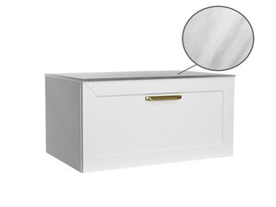 Kaksinkertainen kylpyhuonekaappi Besco Dexa 120 ohuella marmorisella työtasolla ja kullanvärisillä kahvoilla, valkoinen hinta ja tiedot | Besco Huonekalut ja sisustus | hobbyhall.fi