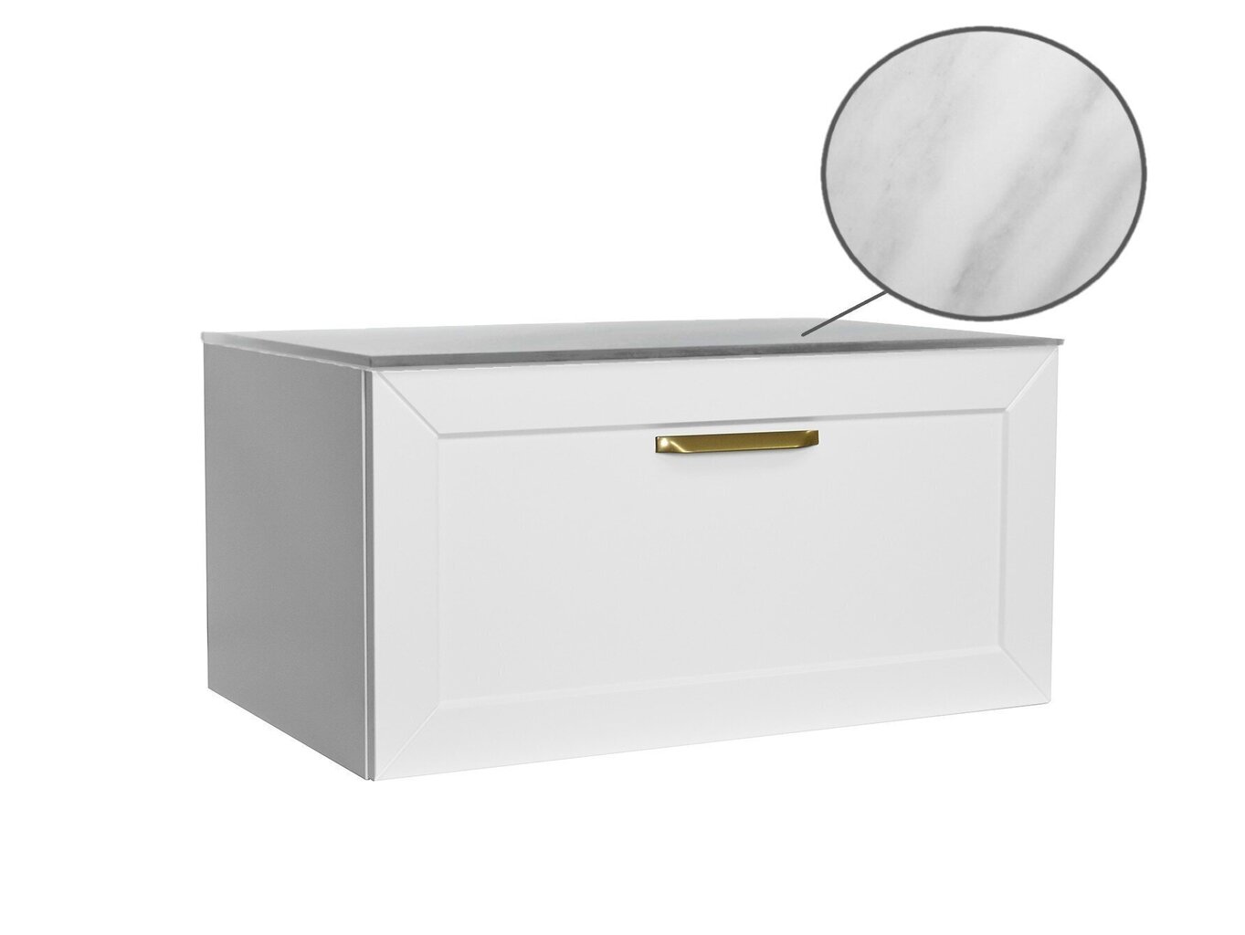 Kaksinkertainen kylpyhuonekaappi Besco Dexa 120 ohuella marmorisella työtasolla ja kullanvärisillä kahvoilla, valkoinen hinta ja tiedot | Kylpyhuonekaapit | hobbyhall.fi