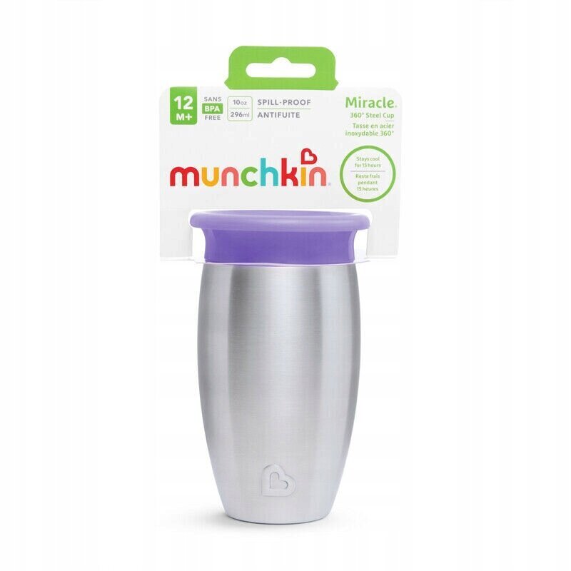 Ruostumattomasta teräksestä valmistettu kuppi Munchkin Miracle 360, 12 kk+, violetti, 296 ml, 05190901 hinta ja tiedot | Vauvan ja lasten astiat | hobbyhall.fi