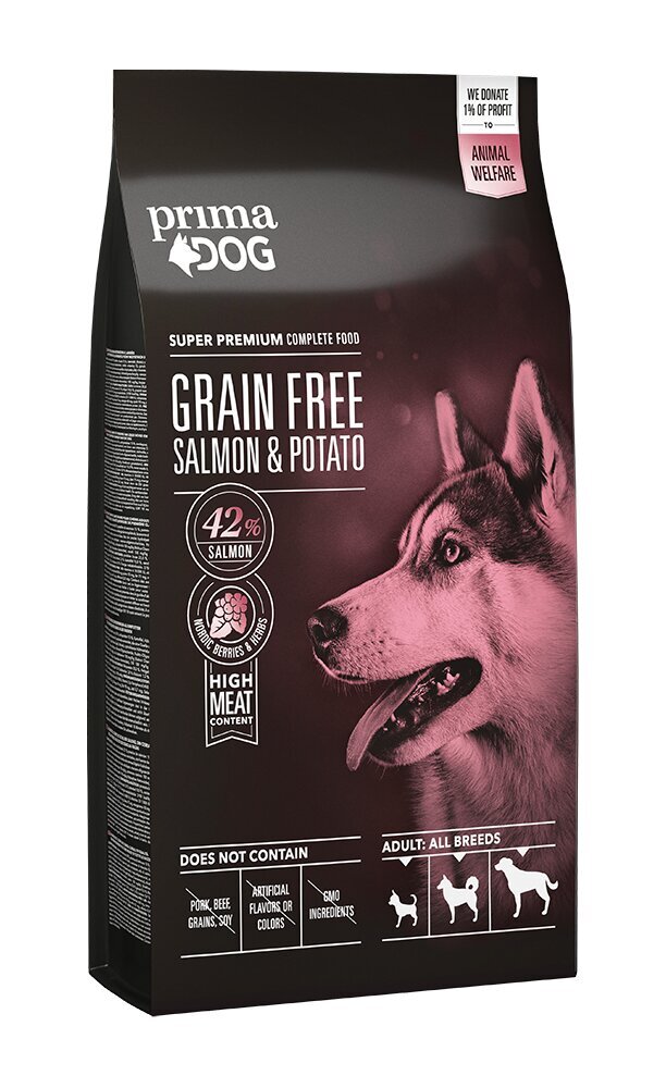 Prima Dog Grain Free täysravinto lohi-perunat kaikille aikuisille koirille 10kg hinta ja tiedot | Koiran kuivaruoka | hobbyhall.fi