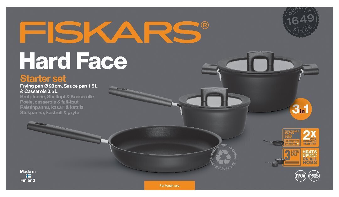 Fiskars Hard Face -kasari, kattila & paistinpannu-setti hinta ja tiedot | Kattilat ja painekattilat | hobbyhall.fi