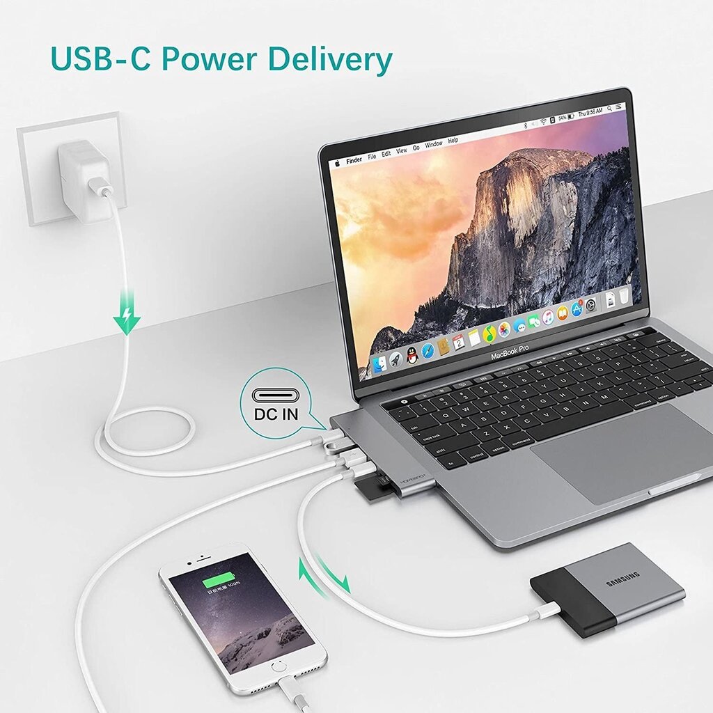 HomeSpot USB-keskitin MacBook Prolle 2016/2017, USB-C, HDMI, SD/Micro, USB-A, harmaa hinta ja tiedot | Adapterit | hobbyhall.fi