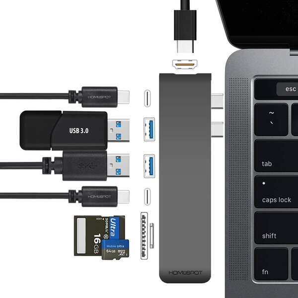 HomeSpot USB-keskitin MacBook Prolle 2016/2017, USB-C, HDMI, SD/Micro, USB-A, harmaa