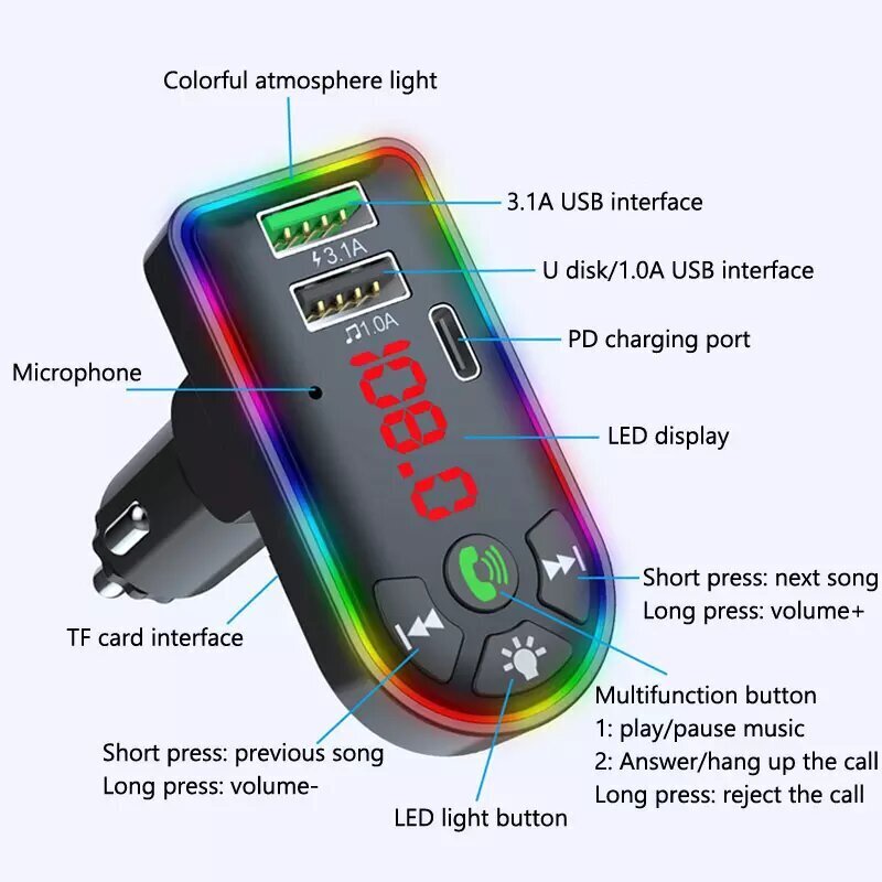 FM-lähetin autoon USB Type-C-liitännällä, F7 hinta ja tiedot | FM-lähettimet ja -sovittimet | hobbyhall.fi