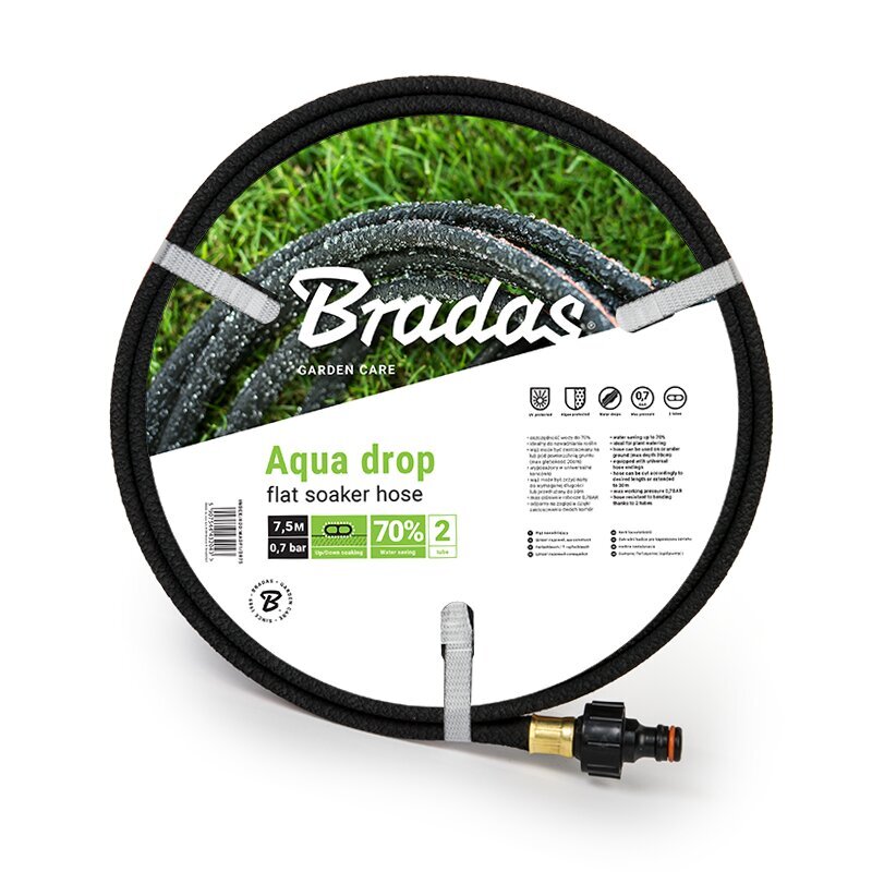 Tippaletku kastelujärjestelmään AQUA-DROP FLAT 1/2" 7,5m, Bradas hinta ja tiedot | Puutarhaletkut, kastelukannut ja muut kastelutarvikkeet | hobbyhall.fi