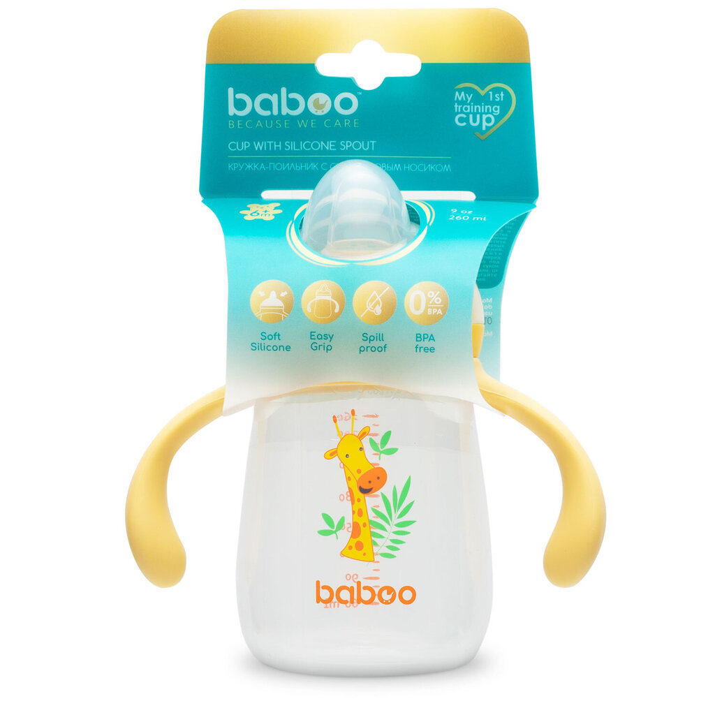 Baboo muki silikoninokalla, 260 ml, safari, keltainen, 6 kk+ hinta ja tiedot | Tuttipullot ja tarvikkeet | hobbyhall.fi