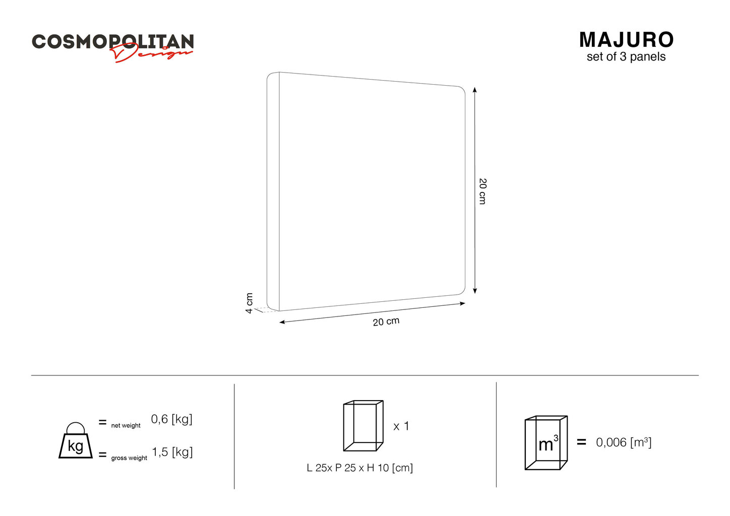 Cosmopolitan Design Majuro L3 -pehmeät seinäpaneelit, 3 kpl, tummanharmaa hinta ja tiedot | Pehmeät seinäpaneelit | hobbyhall.fi