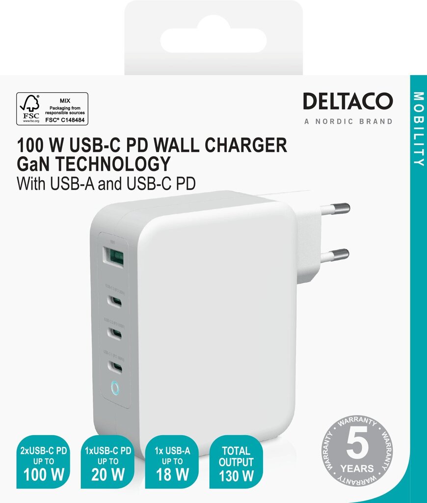 Deltac USBC-GAN04, 1x USB-A, 3x USB-C hinta ja tiedot | Puhelimen laturit | hobbyhall.fi