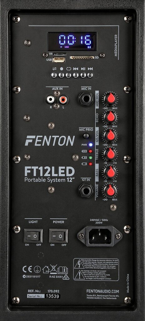 Fenton FT12LED kannettava äänijärjestelmä 12" 700W hinta ja tiedot | Kaiuttimet | hobbyhall.fi