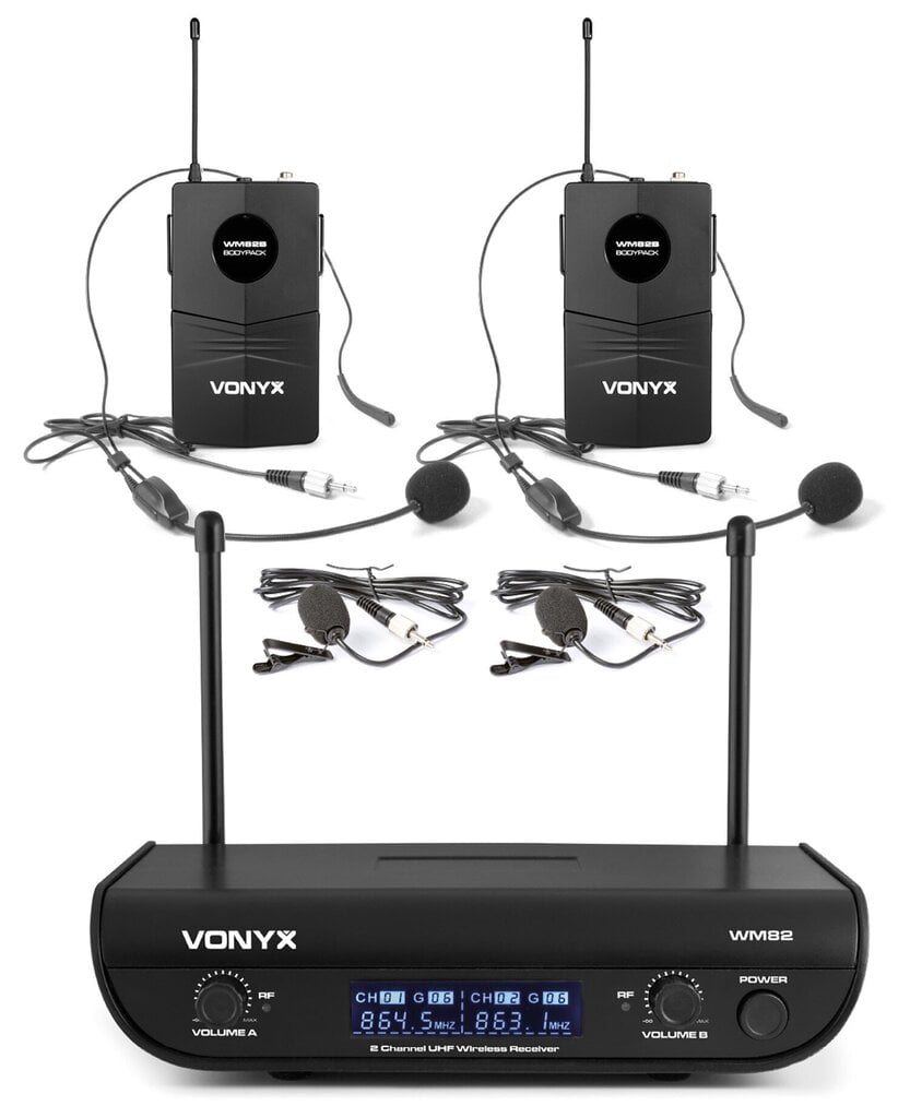 Vonyx WM82B digitaalinen UHF 2-kanavainen langaton mikrofonisarja 2 rungolla hinta ja tiedot | Mikrofonit | hobbyhall.fi