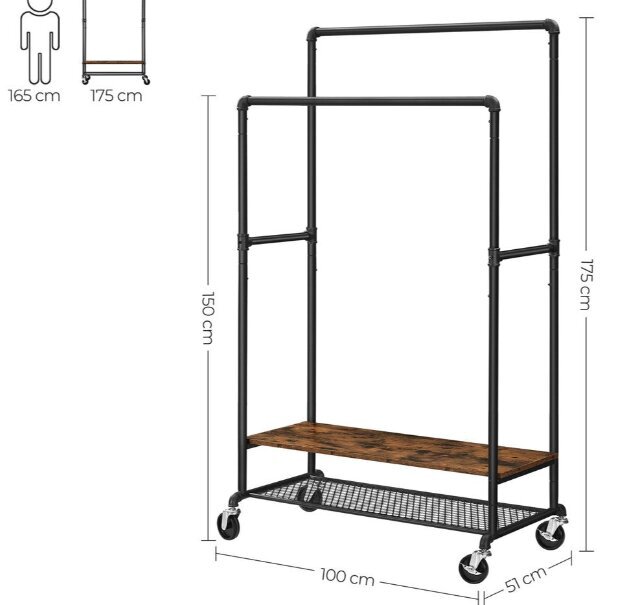 Pyörillä varustettu metallinen vaateripustin, musta väri hinta ja tiedot | Naulakot | hobbyhall.fi