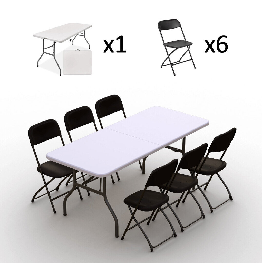 Sulankstomų baldų komplektas: Stalas 180 baltas, 6 kėdės Europa juodos hinta ja tiedot | Puutarhakalusteet | hobbyhall.fi