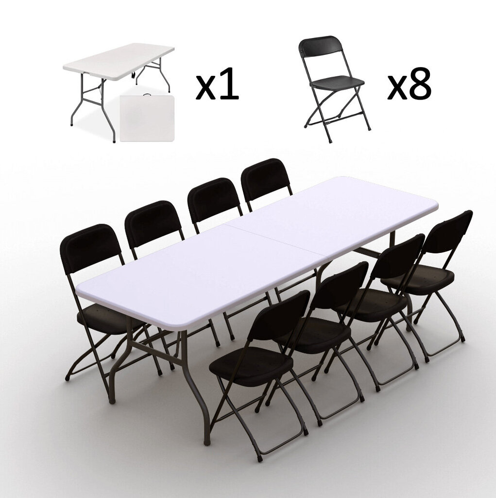 Sulankstomų baldų komplektas: Stalas 240 baltas, 8 kėdžių Europa juodų hinta ja tiedot | Puutarhakalusteet | hobbyhall.fi