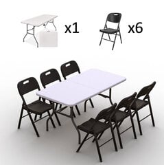 Sulankstomų baldų komplektas: Stalas 150 baltas, 6 kėdės Premium juodos hinta ja tiedot | Puutarhakalusteet | hobbyhall.fi
