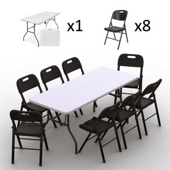 Sulankstomų baldų komplektas: Stalas 180 baltas, 8 kėdės Premium juodos hinta ja tiedot | Puutarhakalusteet | hobbyhall.fi