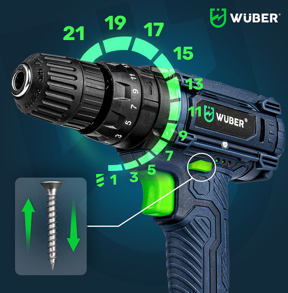 18 V langaton porakone Wubert 2x1,5Ah Li-ion akulla hinta ja tiedot | Akkuporakoneet ja ruuvinvääntimet | hobbyhall.fi