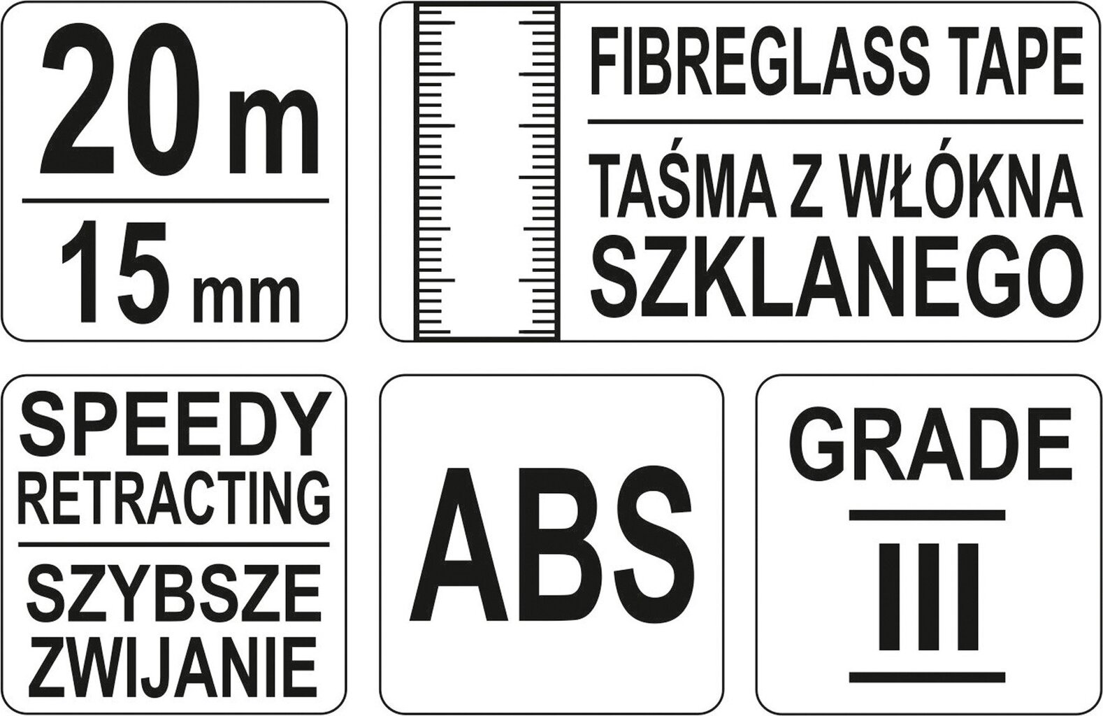 Lasikuituinen mittanauha, luokka III 20 m x 15 mm Yato 71570 hinta ja tiedot | Käsityökalut | hobbyhall.fi