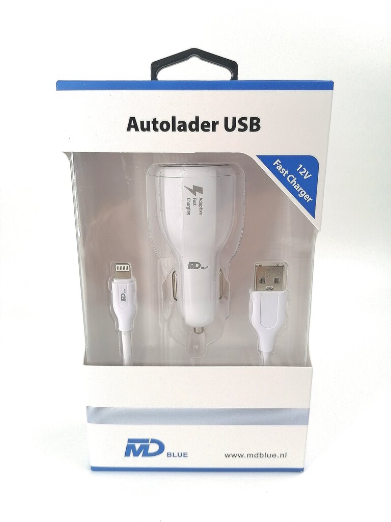 Auton kaksois-USB-laturi MD Blue 3.1A 12V + 1 m USB-Lightning-kaapeli, nopea lataus hinta ja tiedot | Puhelimen laturit | hobbyhall.fi