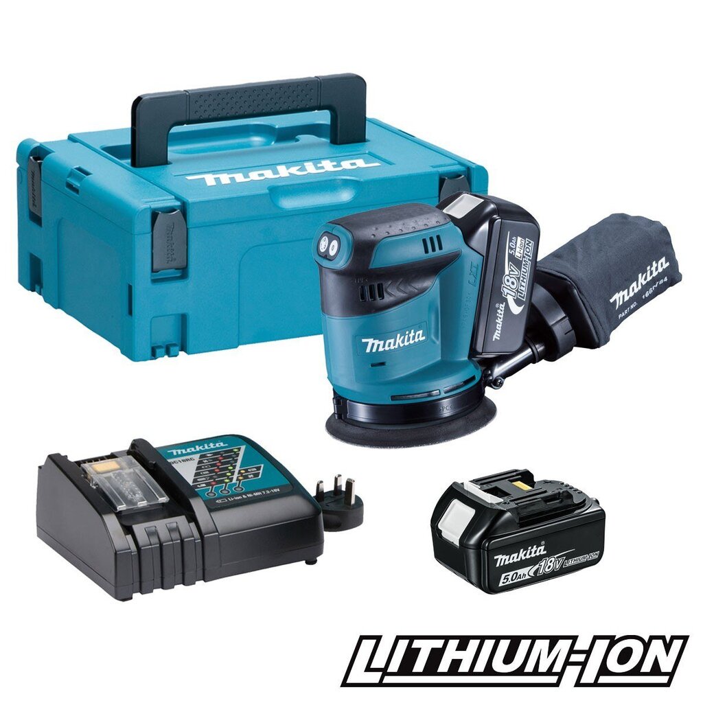 Akselihiomakone Makita 18 V 125 mm 2 x 5,0 Ah Li-Ion (DBO180RTJ) hinta ja tiedot | Hiomakoneet | hobbyhall.fi