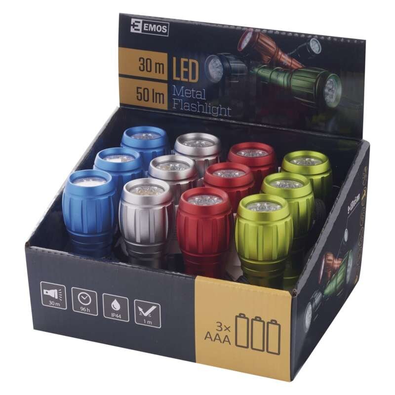 EMOS 9 LED Metallinen taskulamppu, 3 x AAA (paristot mukana) hinta ja tiedot | Taskulamput ja valonheittimet | hobbyhall.fi