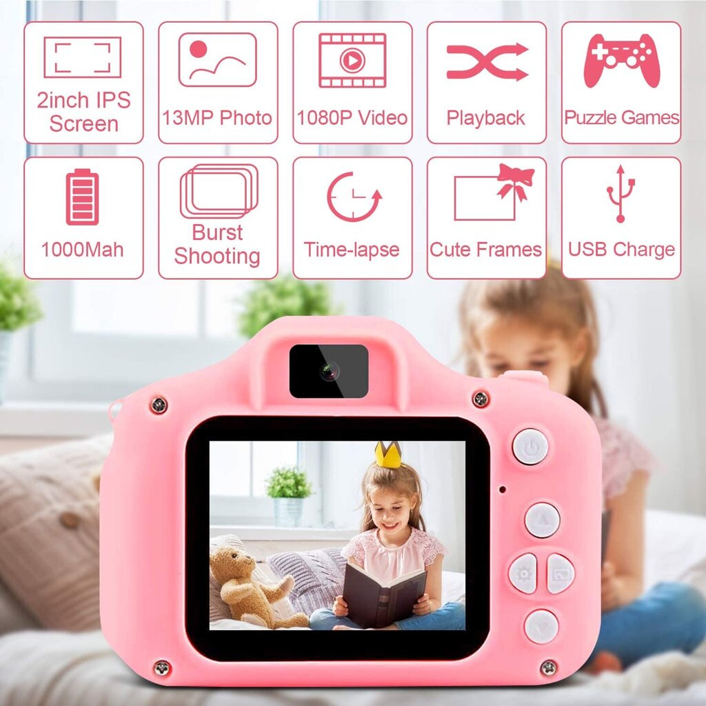 Lasten kamera muistikortilla 8 Gt, 5 peliä, pinkki hinta ja tiedot | Kehittävät lelut | hobbyhall.fi