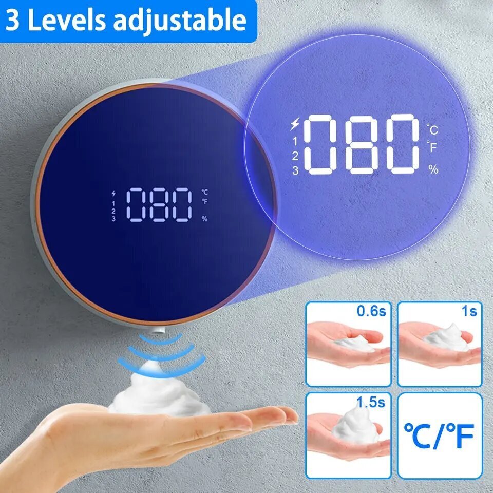 Seinäautomaattinen LED-saippuanannostelija, jossa lämpötila-anturi ja 3 vaahtotasoa, 300 ml hinta ja tiedot | Kylpyhuoneen sisustus | hobbyhall.fi