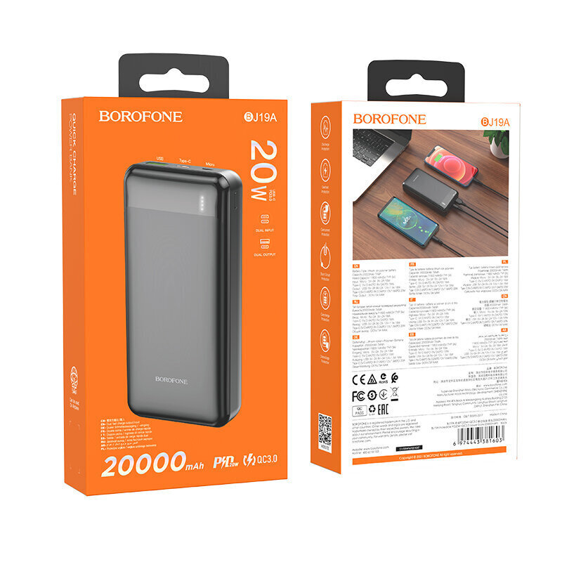 Borofone Power Bank 20000mAh BJ19A Incredible - USB 3.0 + Type C - PD 20W QC 3.0 18W musta hinta ja tiedot | Varavirtalähteet | hobbyhall.fi