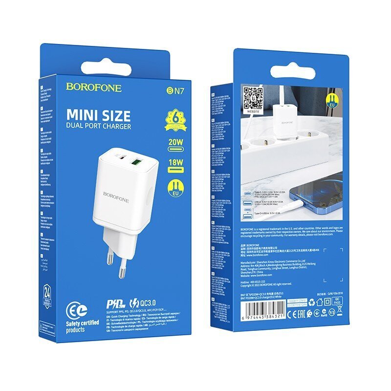 Borofone Seinälaturi BN7 - USB + Type C - QC 3.0 PD 20W valkoinen hinta ja tiedot | Puhelimen laturit | hobbyhall.fi