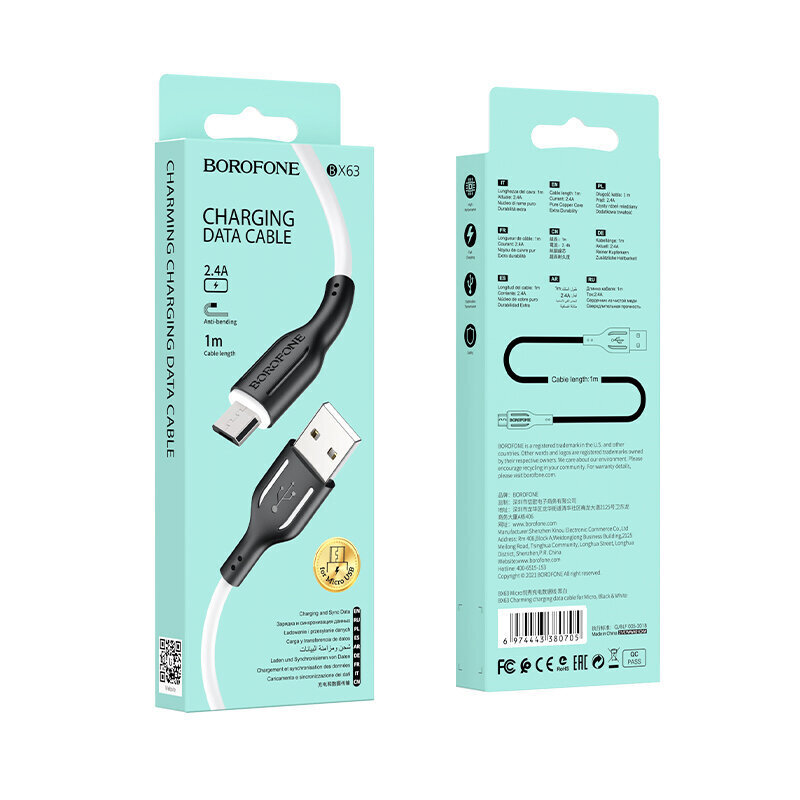 Borofone Cable BX63 Charming - USB MicroUSB - 2,4A 1 metri musta-valkoinen hinta ja tiedot | Puhelinkaapelit | hobbyhall.fi