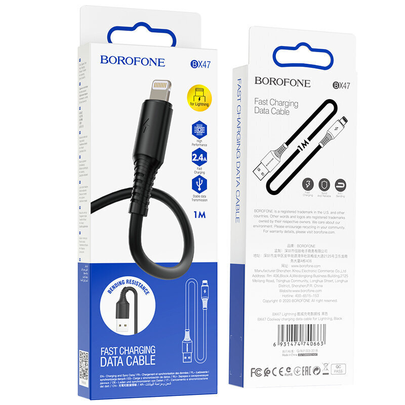 Borofone Cable BX47 Coolway - USB Lightningiin - 2,4A 1 metri musta hinta ja tiedot | Puhelinkaapelit | hobbyhall.fi