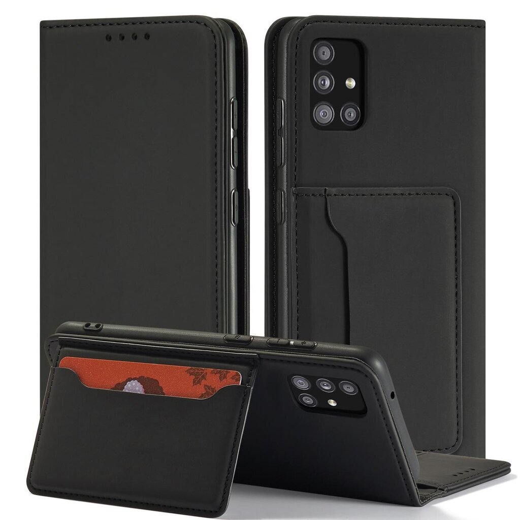 Hurtel Magnet Card Case mallille Samsung Galaxy A12 5G, musta hinta ja tiedot | Puhelimen kuoret ja kotelot | hobbyhall.fi