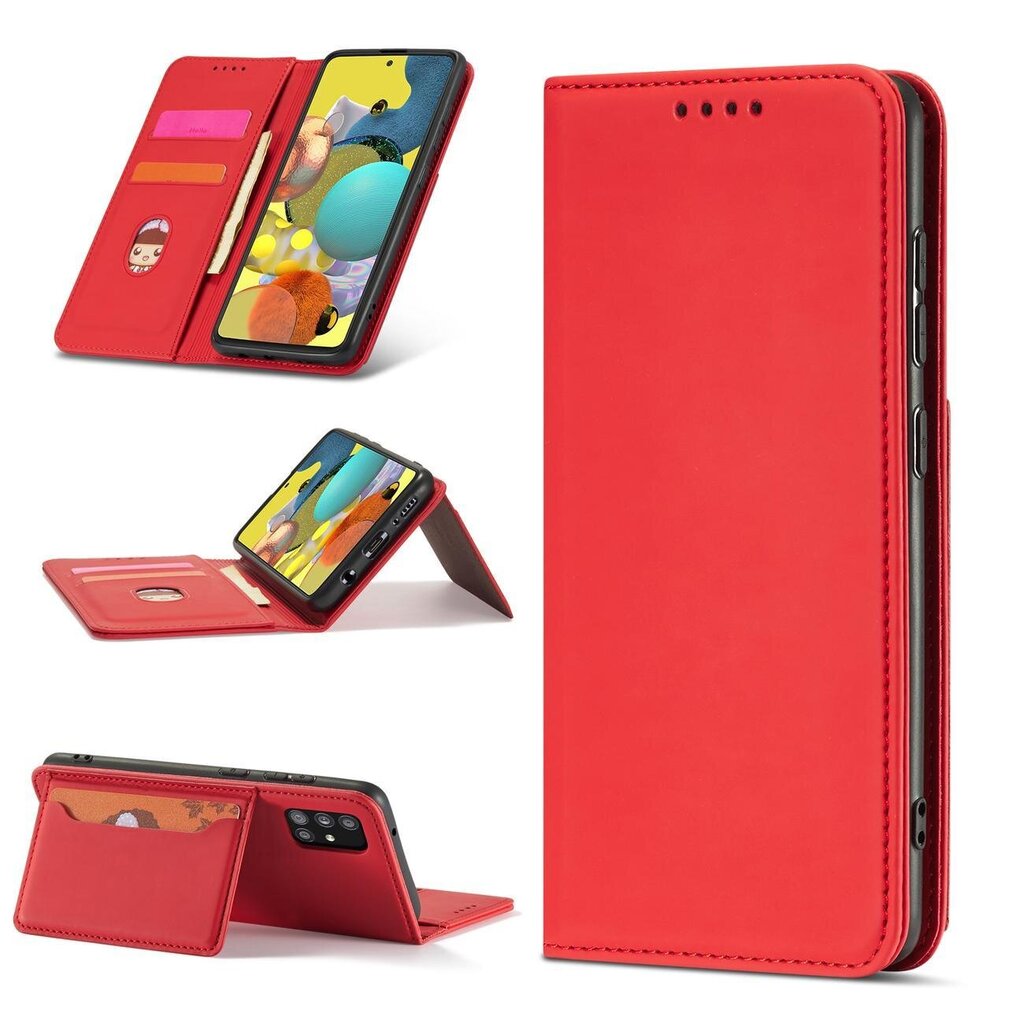 Hurtel Magnet Card Case mallille Samsung Galaxy A12 5G, punainen hinta ja tiedot | Puhelimen kuoret ja kotelot | hobbyhall.fi