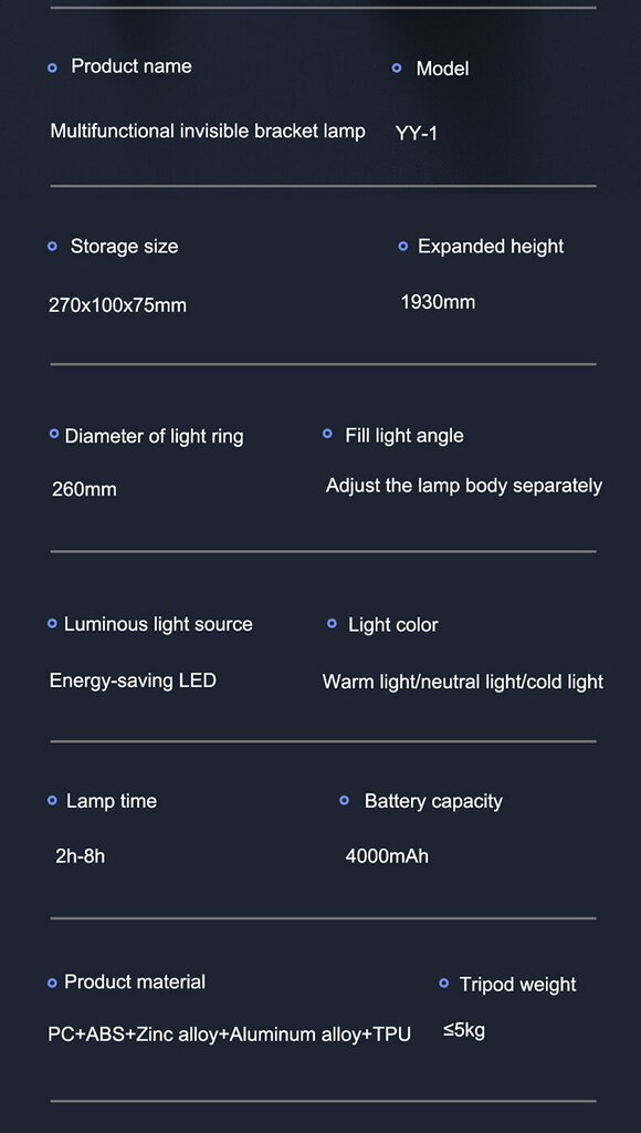 Kokoontaittuva rengas LED-valo sisäänrakennetulla telineellä 2m, 4000mAh akku, Cyke YY-1 ("Ring fill light") hinta ja tiedot | Valokuvaustarvikkeet | hobbyhall.fi