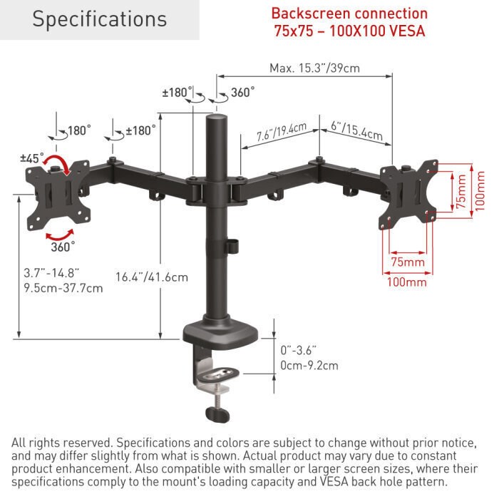 Näytön pöytäteline Barkan M142T, 13"-27", 5x2 kg, 100x100 mm hinta ja tiedot | TV-seinätelineet | hobbyhall.fi