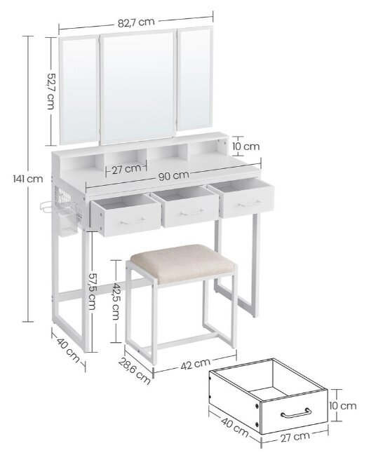 Pöytä laatikoilla, tuoli, peili 40 x 90 x 141 cm valkoinen hinta ja tiedot | Peilipöydät | hobbyhall.fi