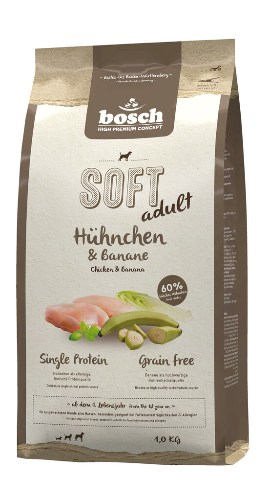 Bosch HPC Soft + Chicken & Banana koiranruoka kanaa ja banaania,1kg hinta ja tiedot | Koiran kuivaruoka | hobbyhall.fi