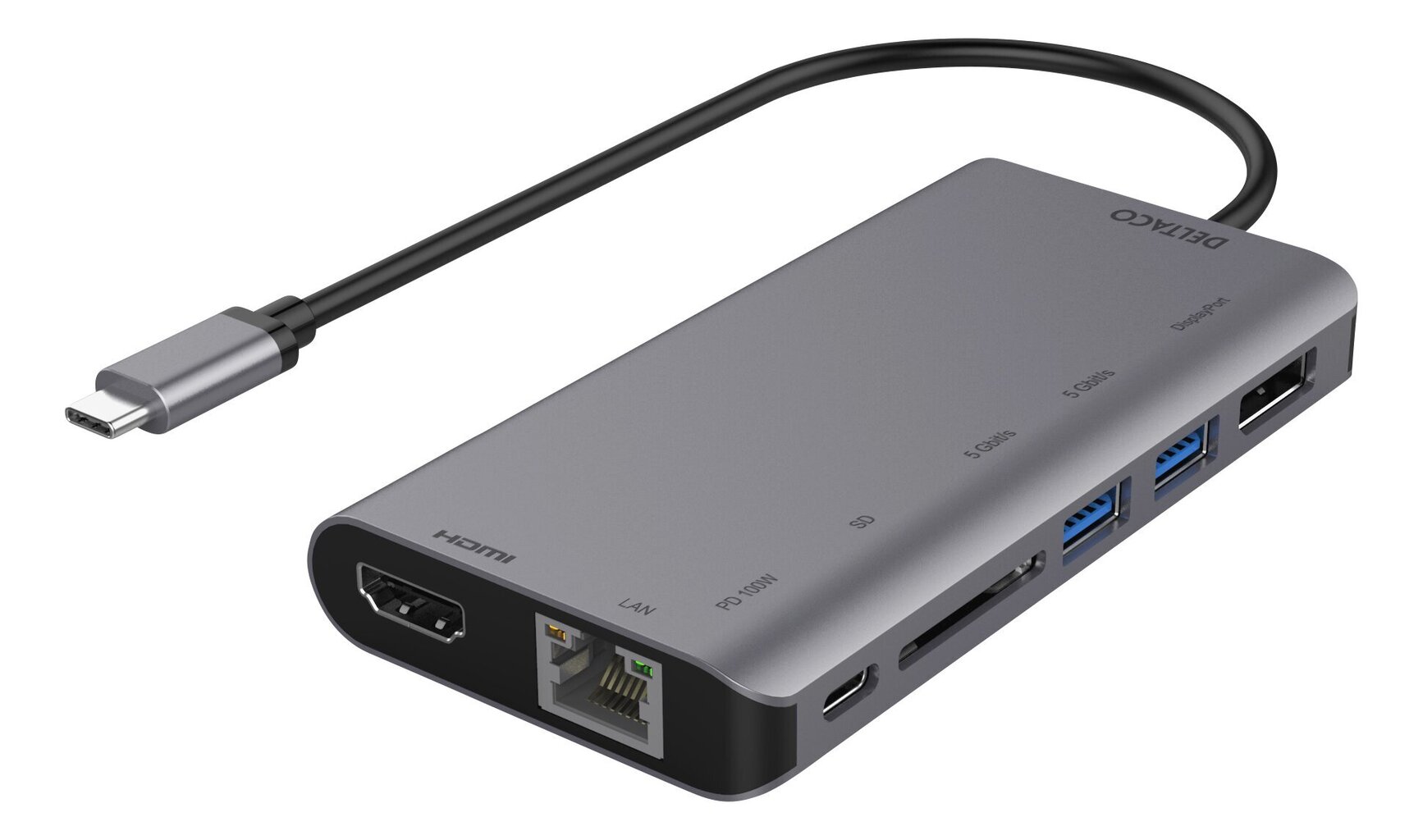 Jakaja Deltaco USBC-HDMI19 USB-C/HDMI/DisplayPort/USB/RJ45/SD hinta ja tiedot | Adapterit | hobbyhall.fi