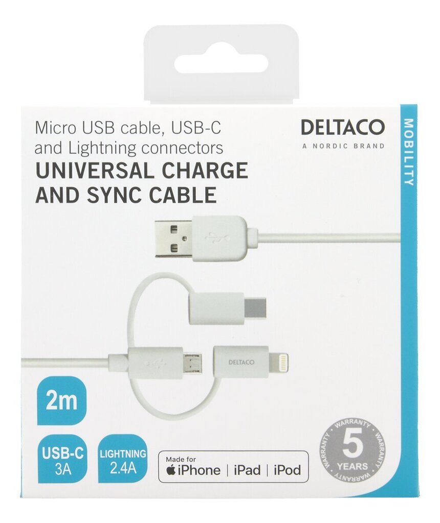 Deltaco IPLH-181 Micro USB/USB-C/Lightning, 2m hinta ja tiedot | Puhelinkaapelit | hobbyhall.fi