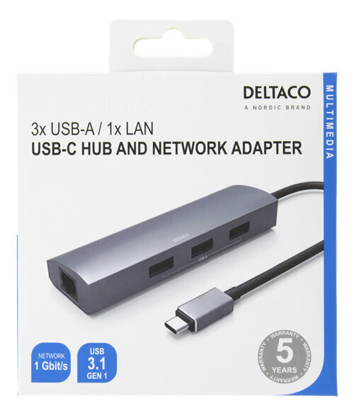 Jaotur DeltacoUSBC-1294 USB-C, RJ45, 3xUSB-A 3.0 hinta ja tiedot | Adapterit | hobbyhall.fi