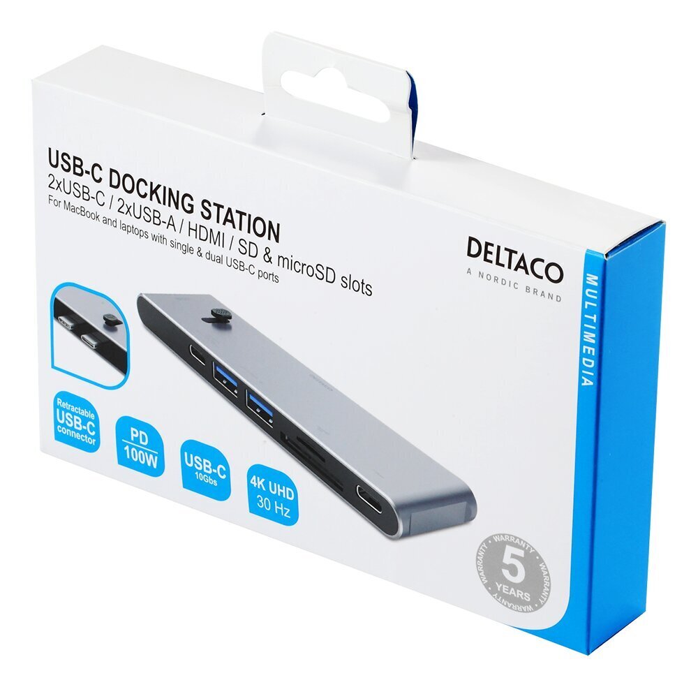 Deltaco-telakointiasema, USBC - HDMI21, HDMI / DisplayPort / USB-A / USB-C, harmaa hinta ja tiedot | Adapterit | hobbyhall.fi