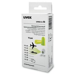 Kertakäyttöiset UVEX X-FIT -korvatulpat, johdoton, sitruuna SNR: 37dB, erittäin äänekkäisiin ympäristöihin, 15 paria Minibox, koko M hinta ja tiedot | Pään suojavarusteet | hobbyhall.fi