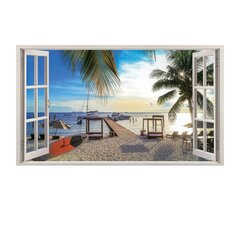Vinyyli seinätarra 3D-ikkunalla, jossa merinäkymä, palmuja ja veneitä - 130 x 80 cm hinta ja tiedot | Sisustustarrat | hobbyhall.fi